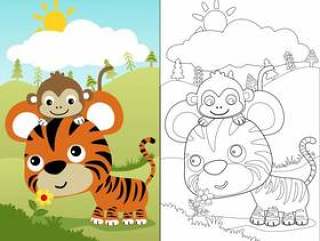Coloring book vector of little tiger with monkey