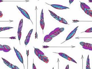 无缝矢量民族花纹与羽毛和箭头。