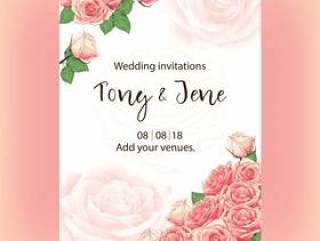 婚礼与水彩桃红色玫瑰花的邀请卡片。