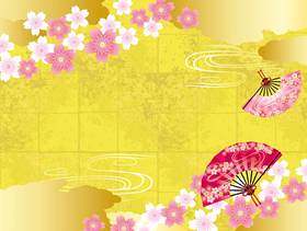 背景材料与春天金叶日本纸，云，樱花和球迷