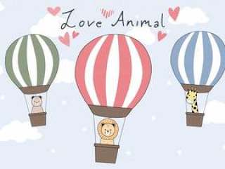可爱的动物热气球卡通涂鸦