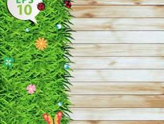 Vector green grass on wood texture background