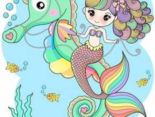 可爱的美人鱼骑着海马