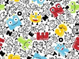 Seamless pattern vector with funny alphabet monsters