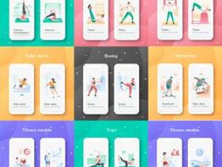 10款健身插画瑜伽游泳登山轮滑插图运动普拉提海报H5模板AI设计素材图
