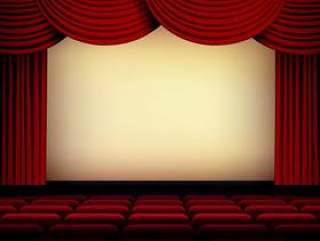 剧院或电影院礼堂屏幕与红色帷幕和位子