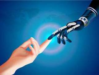 Robotic hand and human hand connecting in a virtual space.