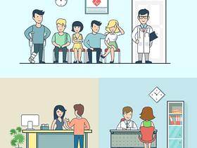 14款卡通扁平化室内生活商务开会工作医院场景人物ui设计引导页矢量素材