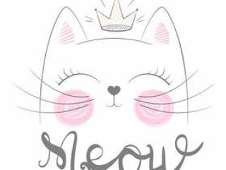 逗人喜爱的猫叫声例证。有趣的公主和印花t恤的皇冠。手绘风格。