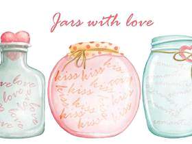 水彩套可爱的罐子与浪漫的爱情