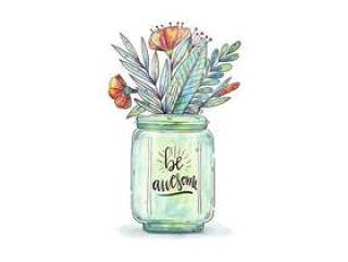 水彩瓶与植物花和叶与励志的报价