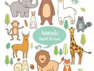 Cute animals set in hand drawn background