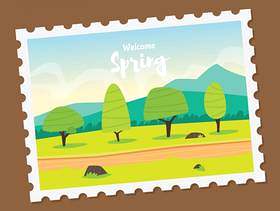 春天风景邮政邮票插画