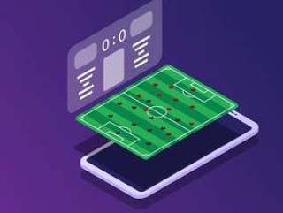 足球场与计分板应用程序在智能手机中矢量插画素材