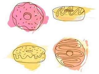 矢量甜甜圈插画。 4手绘甜甜圈与多彩水彩溅起的一套。甜酥皮点心集合。