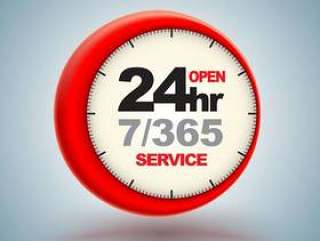 24hr services with clock scale logo 3d style.