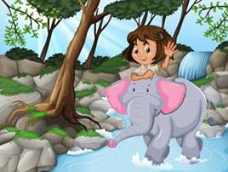女孩骑马大象密林场面