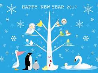 鸟充满了树新年卡模板