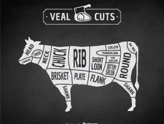 小牛肉或牛肉图矢量的老式屠夫削减