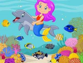 与海豚的逗人喜爱的美人鱼在水下的背景中