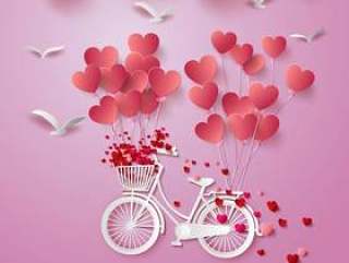 与自行车和气球的贺卡在心脏形状。