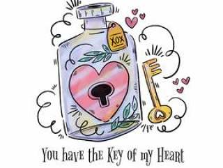 可爱的罐子，里面有心和钥匙给情人节＆＃x27; s天