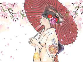 樱花下的日式和服女性（彩色）