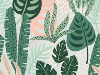 Abstract seamless pattern with tropical leaves.
