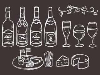 葡萄酒和小吃在黑板上