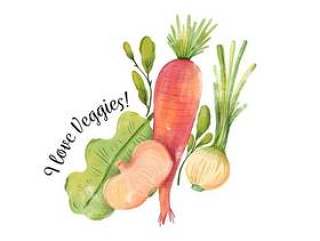水彩蔬菜，胡萝卜，洋葱和生菜