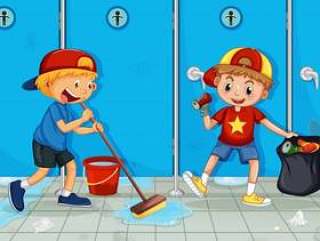 Two Kids Help Cleaning Toilet