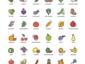 水果和蔬菜线矢量图标与平元素