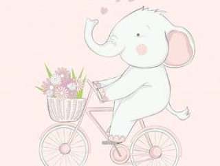 可爱的小宝贝大象与自行车卡通手绘风格