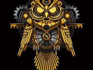Gold owl steampunk illustration