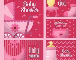 婴儿淋浴庆祝粉红色标签出生的女孩宝贝马车围嘴瓶牛奶奶嘴