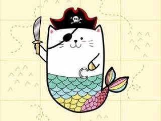 海盗服装的猫美人鱼为万圣夜天