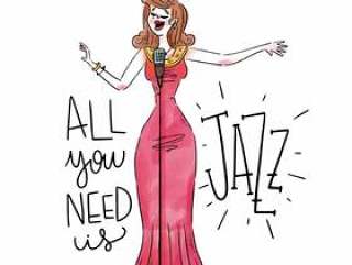 穿着有话筒的性感的爵士乐女人歌手红色礼服