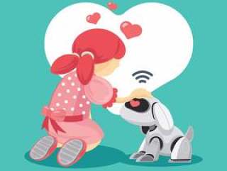 女孩与她的宠物机器人沟通