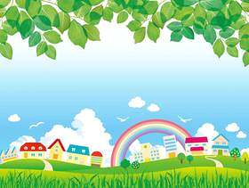 城市景观草原山新鲜的绿叶彩虹路城市街道插图图片