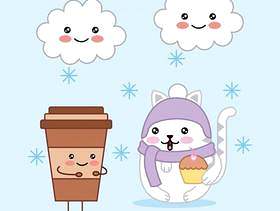 与咖啡杯和云彩魔术动画片的Kawaii逗人喜爱的猫