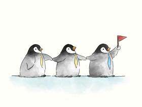 与旗子的三只逗人喜爱的企鹅