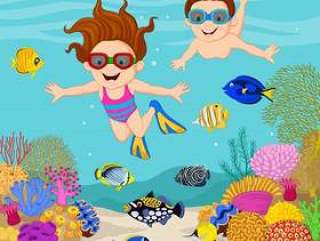 潜水在热带海洋下的动画片孩子