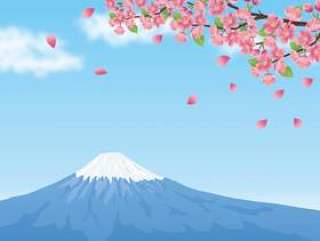 富士和春天与樱花活泼的蓝色天空背景