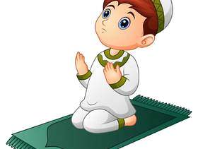 回教孩子坐祷告地毯，当祈祷时