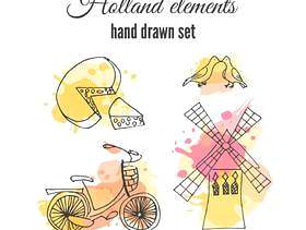矢量荷兰装饰元素。荷兰插图。阿姆斯特丹自行车和风车。