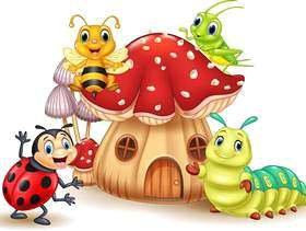 卡通搞笑昆虫与蘑菇房子