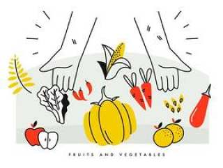 农民的手充分的收获水果和蔬菜矢量图