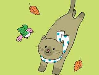 卡通可爱秋天猫与鸟矢量。