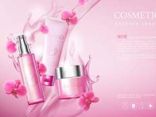 Cosmetic poster premium products, pink background with beautiful bottle and watery texture
