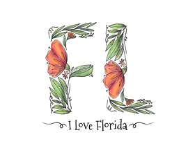 佛罗里达水彩叶子和花刻字矢量